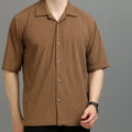 Brown Cuban Collar Corduroy Shirt | H-200