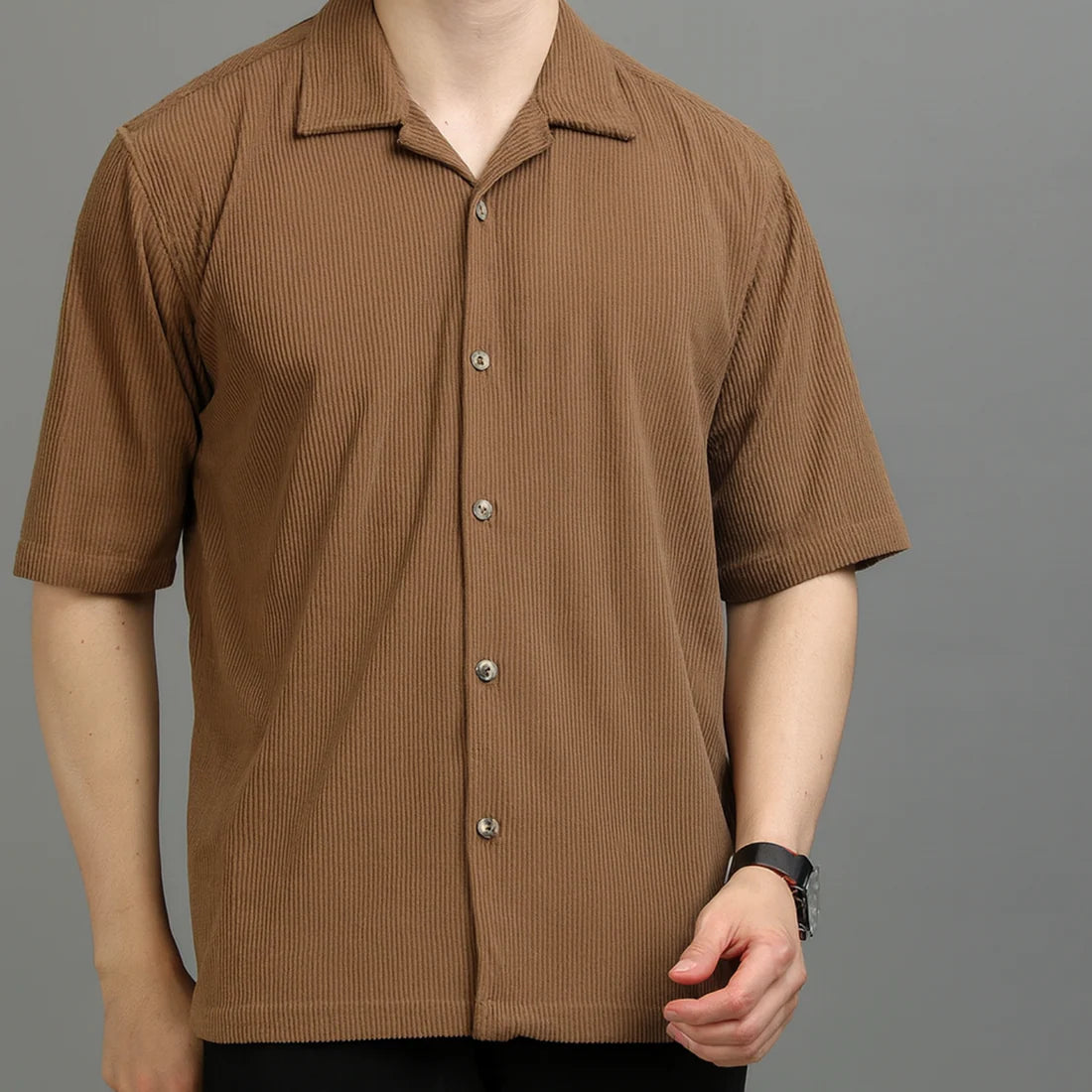 Brown Cuban Collar Corduroy Shirt | H-200