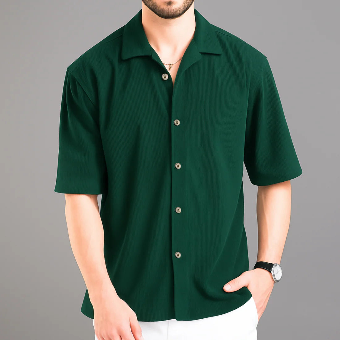 Bottle Green Cuban Collar Corduroy Shirt | H-202