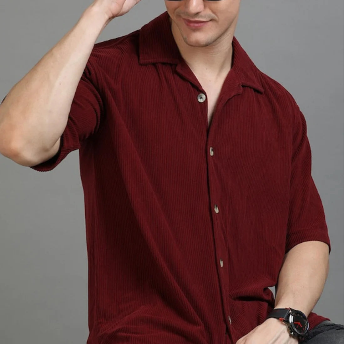 Maroon Cuban Collar Corduroy Shirt |H-204
