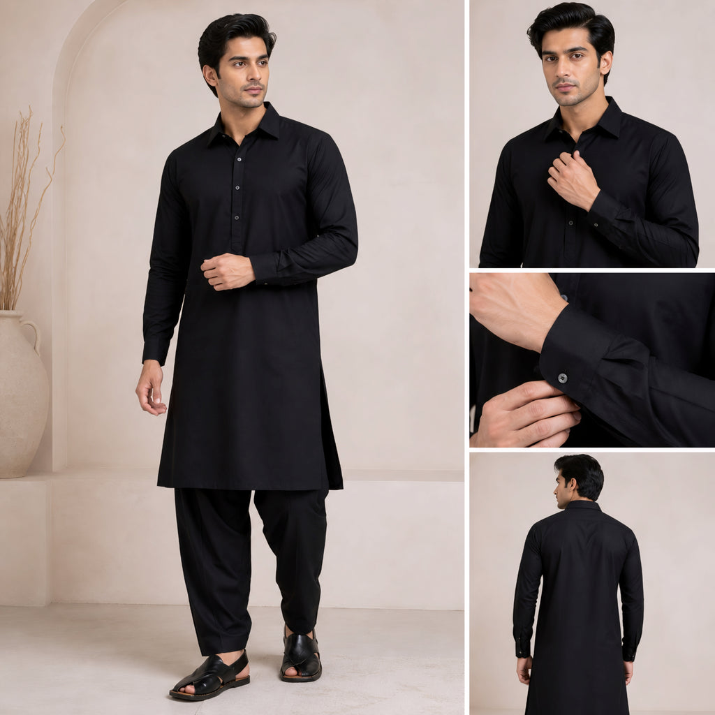 Classic Black Panjabi & Pajama Full Kabli Set | P-0045