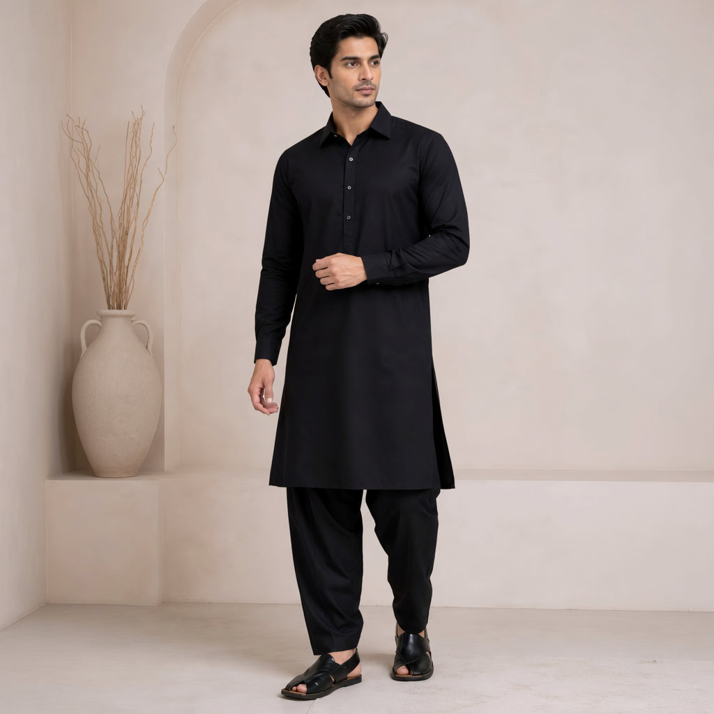 Classic Black Panjabi & Pajama Full Kabli Set | P-0045