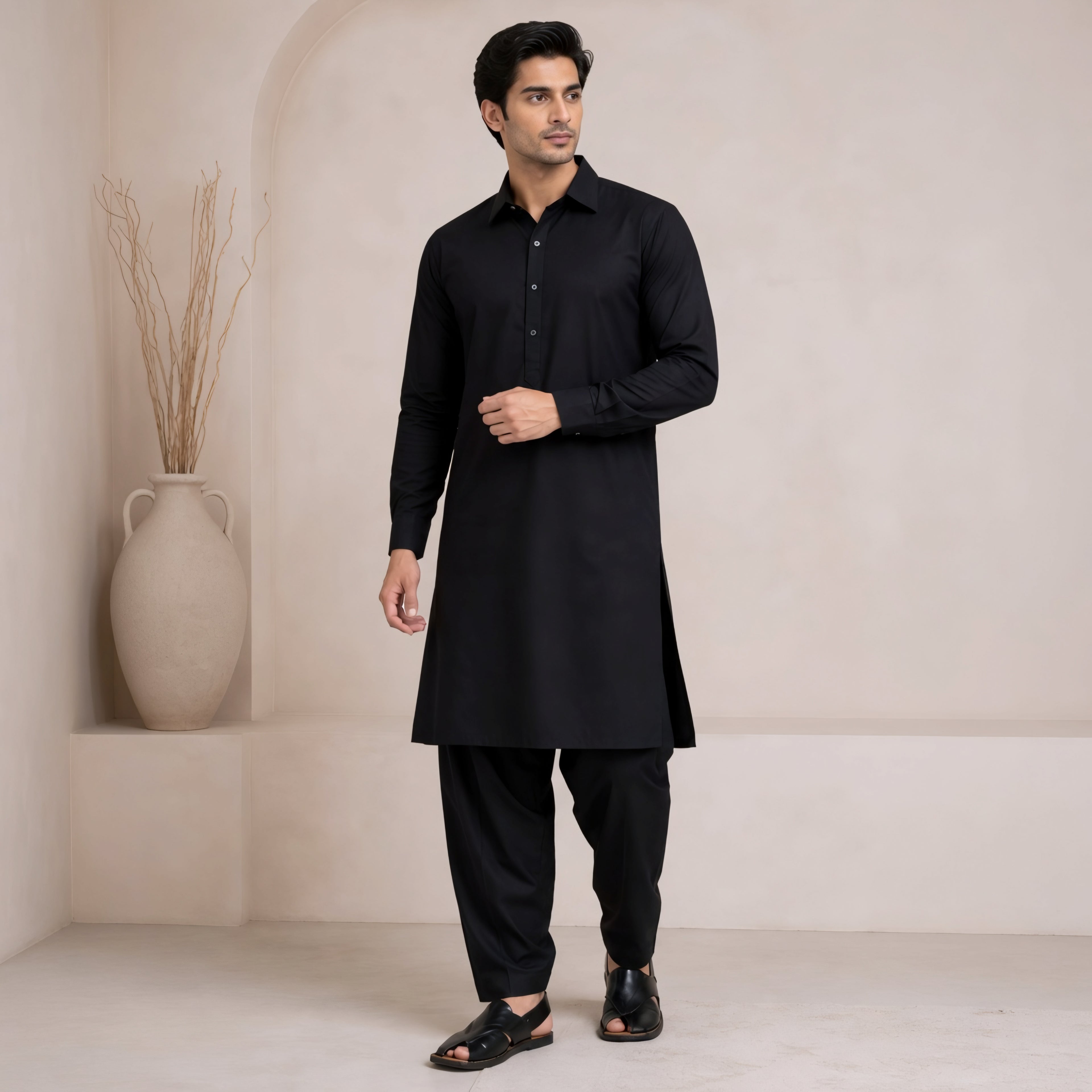 Classic Black Panjabi & Pajama Full Kabli Set | P-0045
