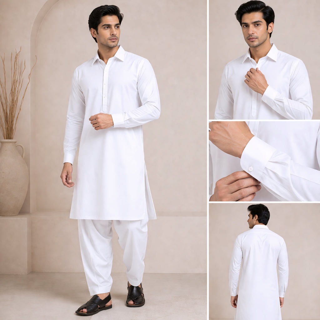 Classic White Panjabi & Pajama Full Kabli Set | P-0050