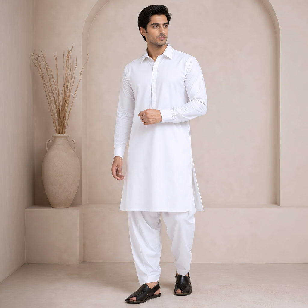 Classic White Panjabi & Pajama Full Kabli Set | P-0050