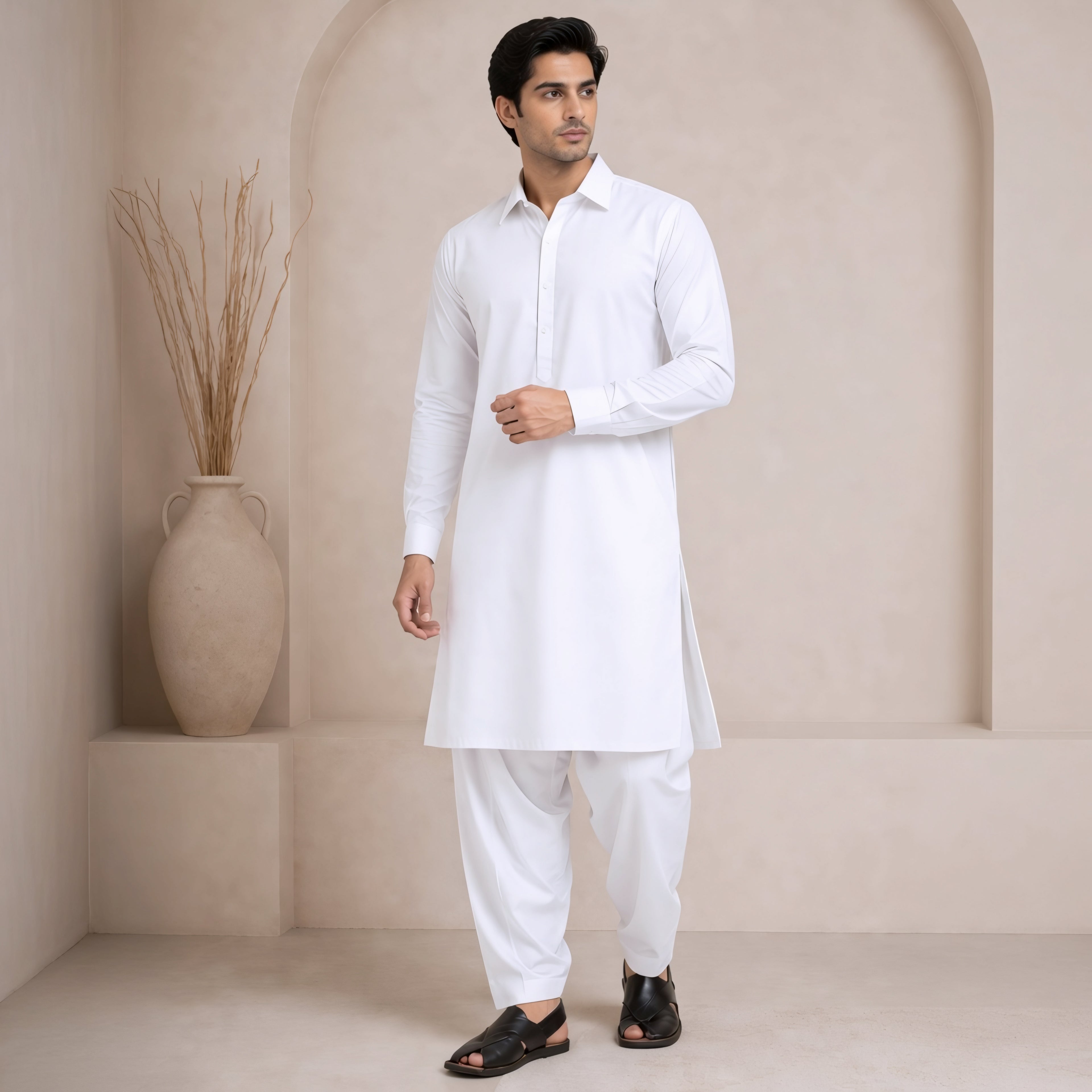 Classic White Panjabi & Pajama Full Kabli Set | P-0050