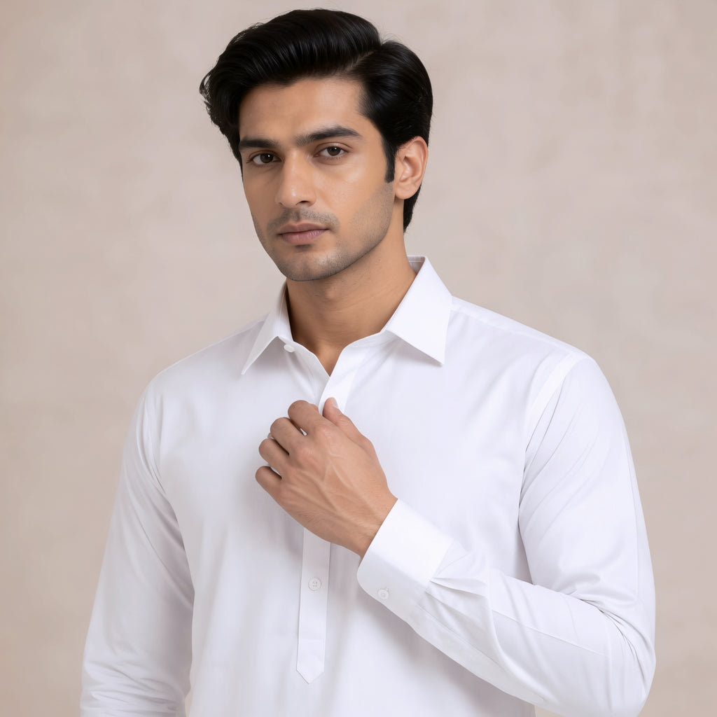 Classic White Panjabi & Pajama Full Kabli Set | P-0050