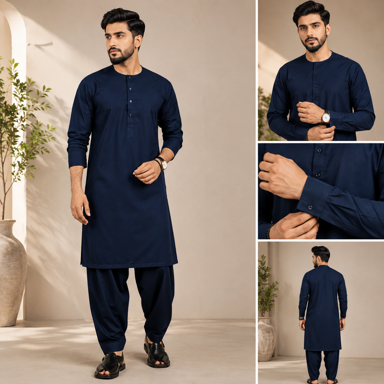 Classic Navy Blue - 90s Panjabi Set | P-0011